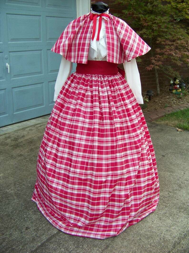 Civil War Skirt,Victorian,costume Long drawstring SKIRT and Sash or Cape Red and white Taffeta plaid with Red sash Handmade