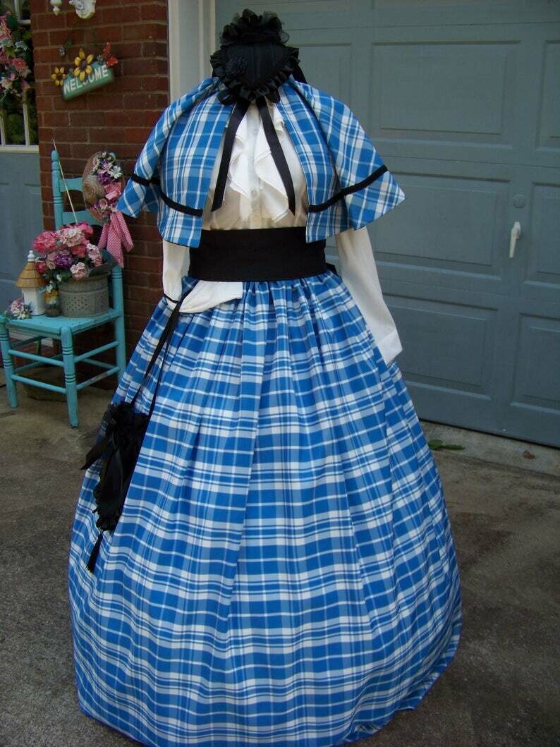 Civil War, Victorian, Dickens costume Long drawstring SKIRT and Sash or Cape Marine Blue and white Plaid Taffeta with Black sash Handmade in USA.
