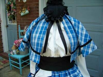 Civil War, Victorian, Dickens costume Long drawstring SKIRT and Sash or Cape Marine Blue and white Plaid Taffeta with Black sash Handmade in USA.