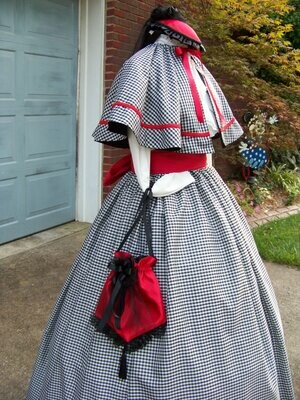 Colonial, Civil War, Victorian, costume Long drawstring SKIRT one size fits all Black and white gingham checked Taffeta, Red Sash Handmade
in the USA