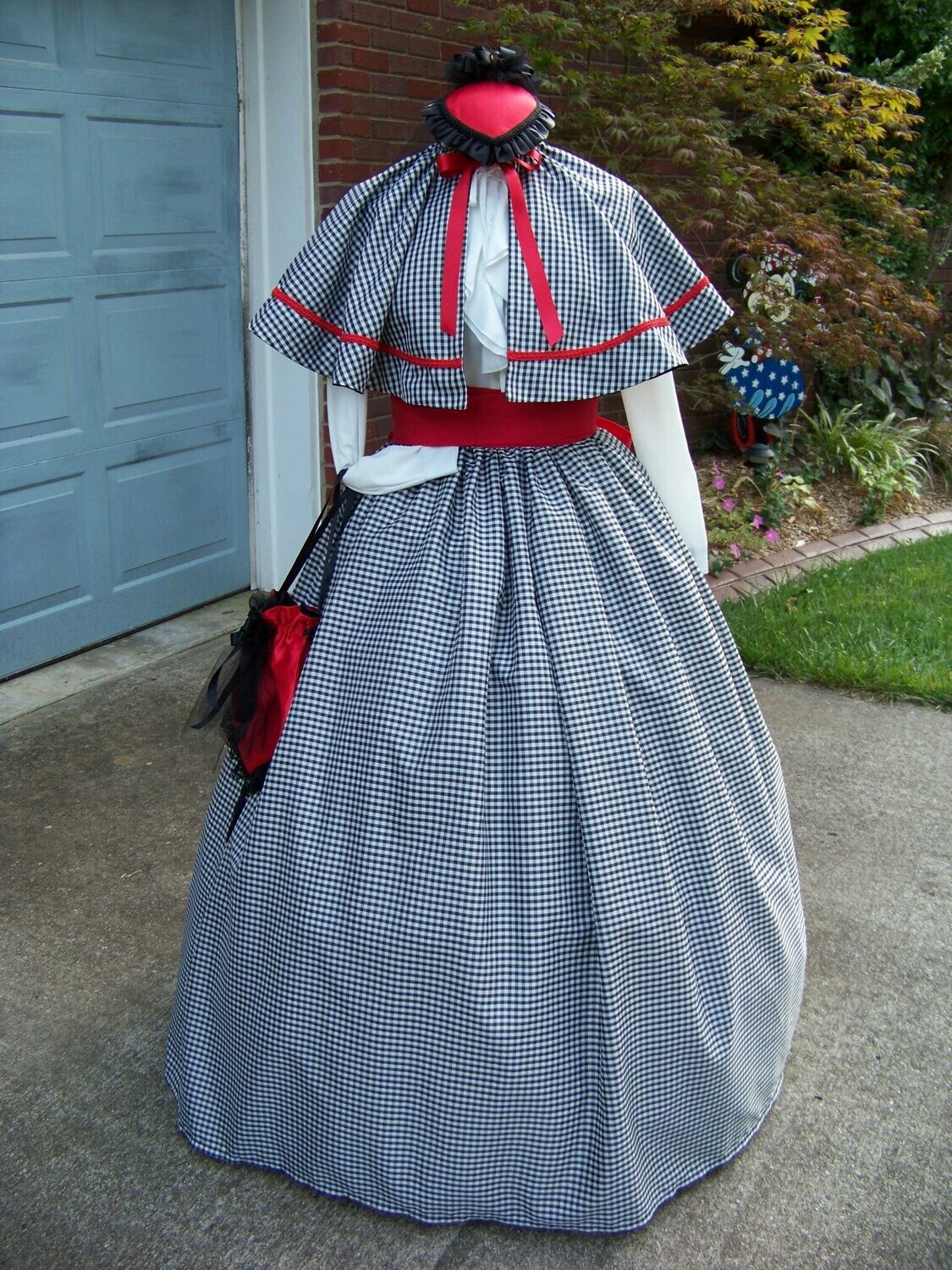 Custom order for Terry Joe Civil War costume long drawstring skirt  Black and white gingham checked Cotton, Red Sash and lining and a ruffled blouse with, a red and black hat and purse.