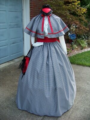 Civil War costume long drawstring skirt Black and white gingham checked Cotton with matching cape, Red Sash and lining and a red and black satin hat and purse.