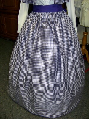 Ladies Dickens Outfit,Civil War costume Long drawstring SKIRT with cape an sash one size fits most Purple and white gingham checked taffeta Handmade in the USA