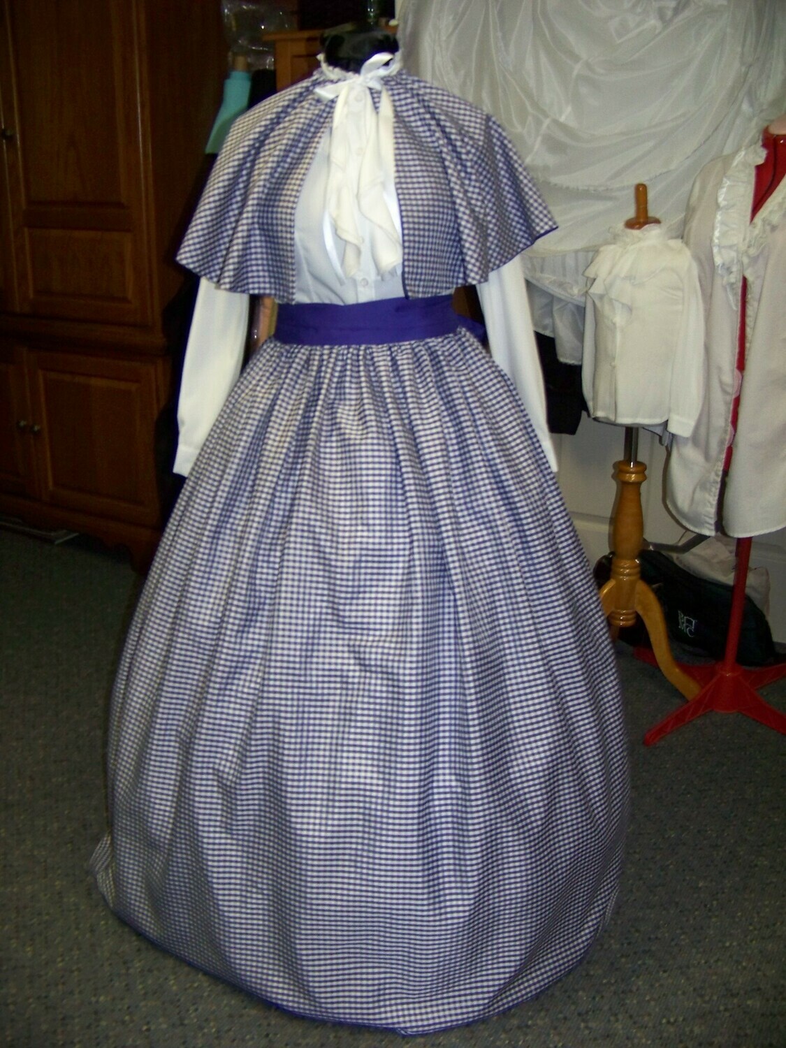 Ladies Dickens Outfit,Civil War costume Long drawstring SKIRT with cape an sash one size fits most Purple and white gingham checked taffeta Handmade in the USA