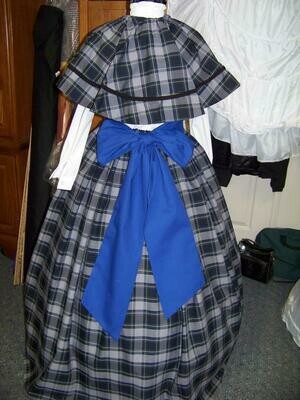 Dickens Christmas ladies, Civil War, Victorian Outfit with Long Skirt, Sash or Cape one size fits most Royal Blue, Black, yellow, and white plaid homespun, Scottish Tartan fabric, Handmade in the USA