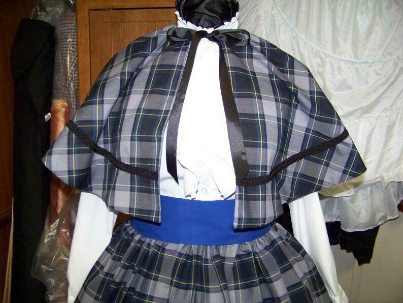 Dickens Christmas ladies, Civil War, Victorian Outfit with Long Skirt, Sash or Cape one size fits most Royal Blue, Black, yellow, and white plaid homespun, Scottish Tartan fabric, Handmade in the USA