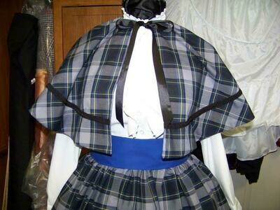 Dickens Christmas ladies, Civil War, Victorian Outfit with Long Skirt, Sash or Cape one size fits most Royal Blue, Black, yellow, and white plaid homespun, Scottish Tartan fabric, Handmade in the USA