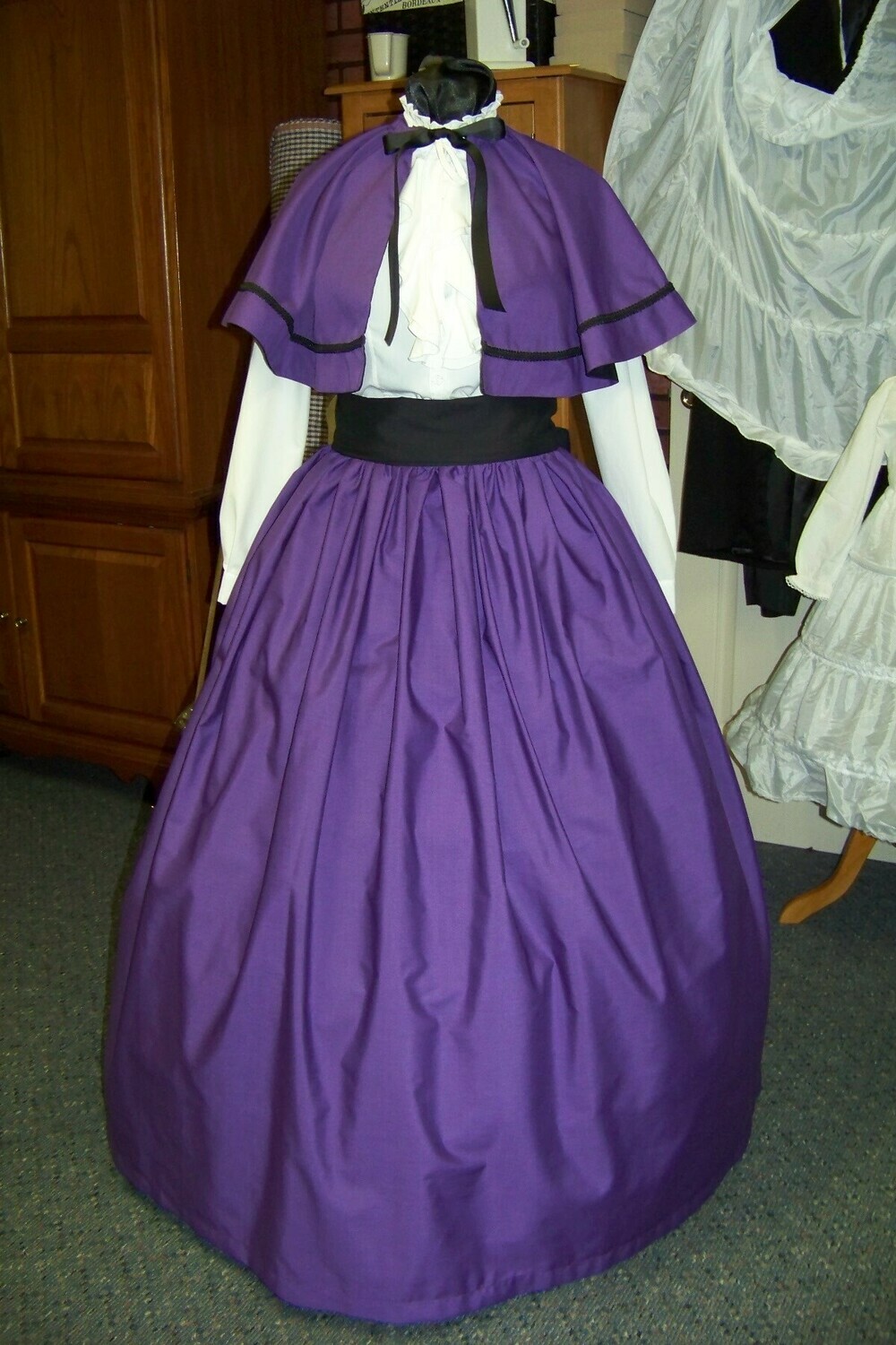 Ladies Dickens Outfit,Civil War costume Long drawstring SKIRT with cape an sash one size fits most Solid Purple Broadcloth cotton  Handmade in the USA