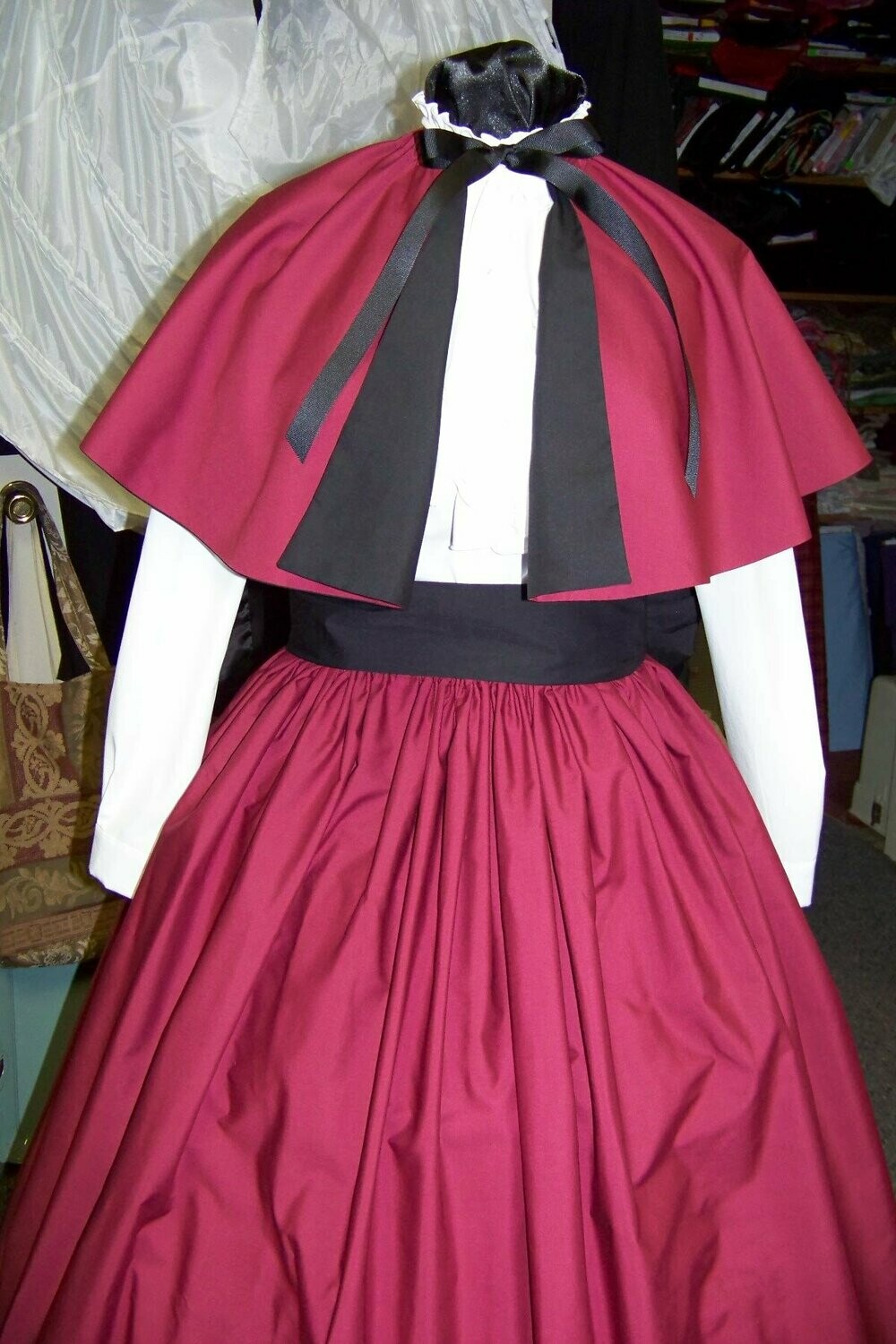 Ladies Dickens Outfit,Civil War costume Long drawstring SKIRT or cape or sash one size fits most Solid Burgundy Broadcloth cotton  Handmade in the USA