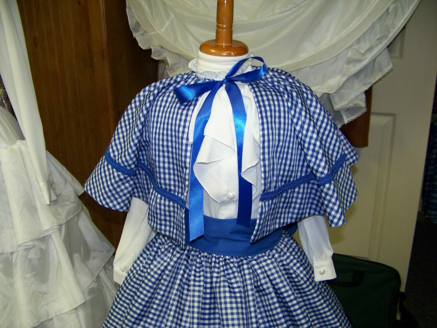 Child&#39;s Dickens Outfit,Civil War costume Long drawstring SKIRT or cape or sash one size fits most Royal Blue gingham check taffeta  Handmade in the USA