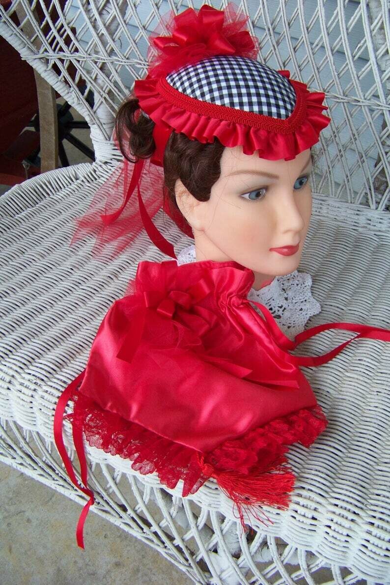 Dickens Christmas Civil War Hat or Purse custom made to match your outfit teardrop hat with ruffle an Satin Ribbons for reenacting, Caroling or any event. Made in the USA
