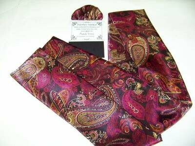 Ascot or Cravat Dickens Red, Gold, black and Burgundy silkily fabric 4" x 54" Men's Historical Bow Tie or Wedding Tie or Pocket Puff to match.