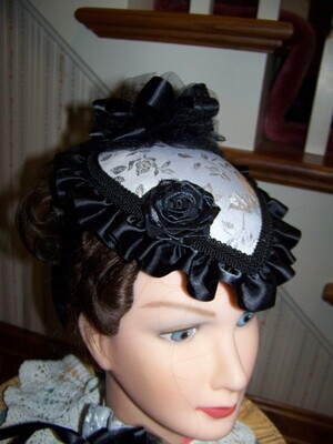 Ladies Civil War, Victorian Hat and Reticule, Silver Brocade rose print with Black Satin ruffles. Teardrop Hat with Black Satin Ruffles and Large Ribbon Rose