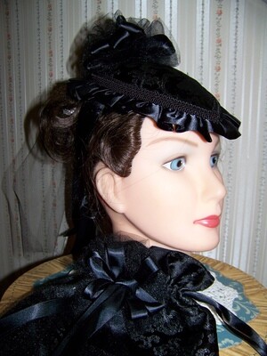 Ladies Civil War, Victorian Hat and Reticule,Black Brocade Satin Teardrop Hat with Satin Ruffle and Large Ribbon Rose Made in the USA
