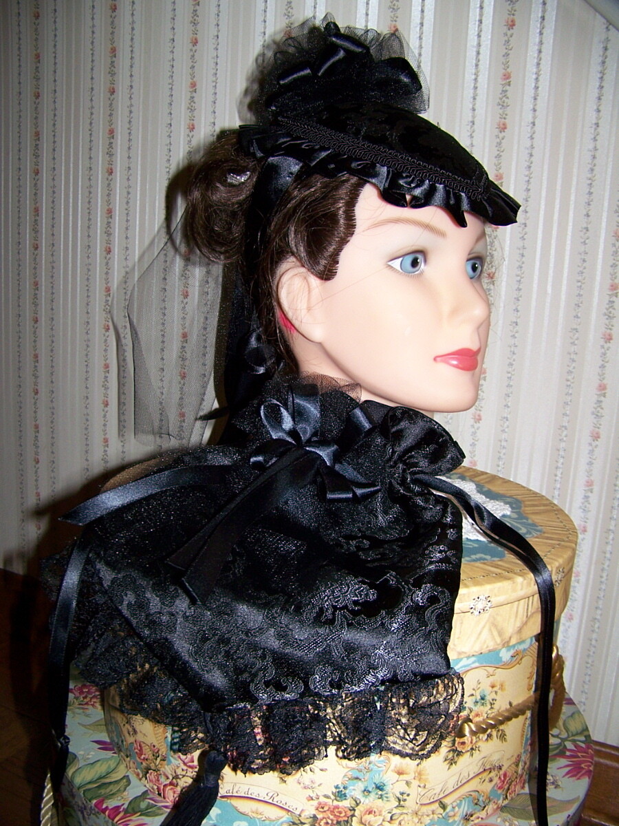 Ladies Civil War, Victorian Hat and Reticule,Black Brocade Satin Teardrop Hat with Satin Ruffle and Large Ribbon Rose Made in the USA