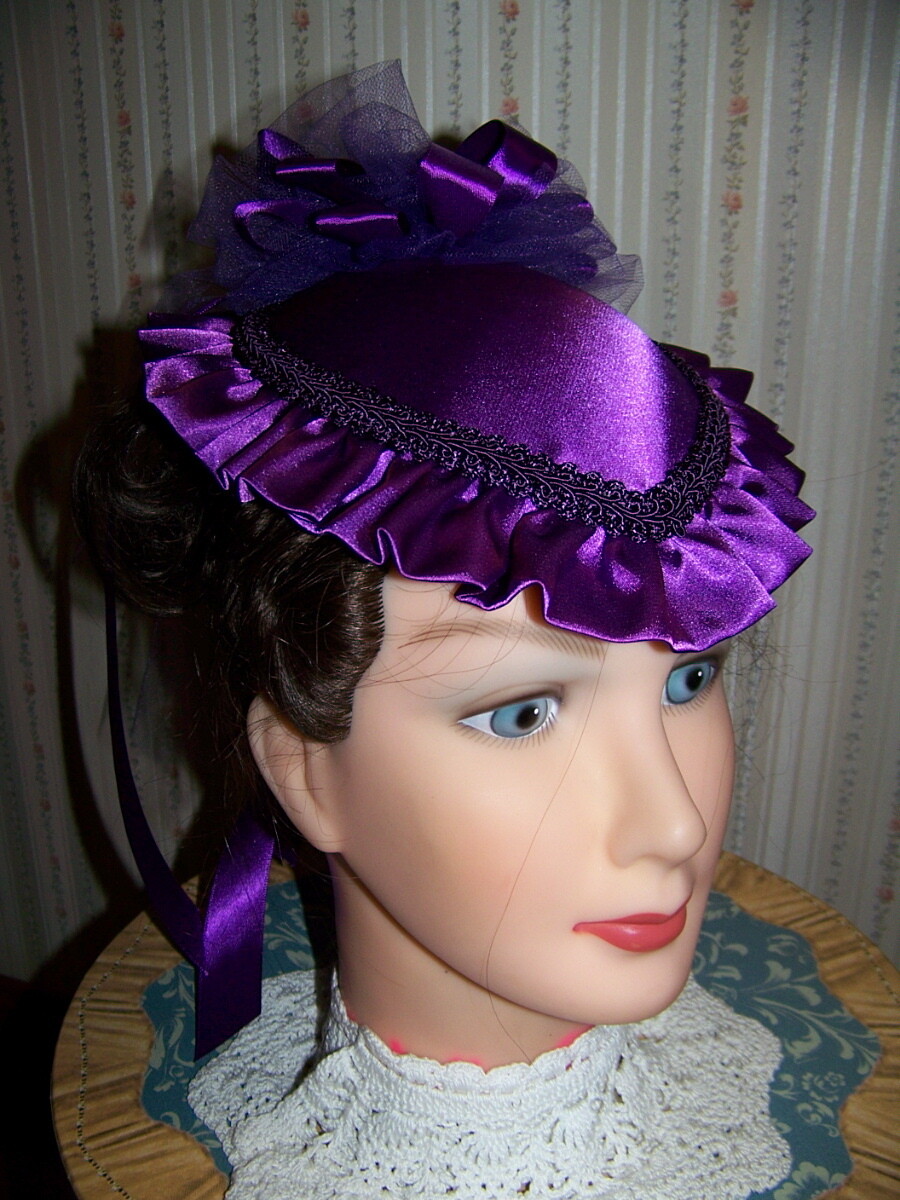 Ladies Civil War, Victorian Hat and Reticule,Purple Satin Teardrop Hat with Satin Ruffle and Large Ribbon Rose