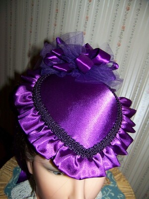 Ladies Civil War, Victorian Hat and Reticule,Purple Satin Teardrop Hat with Satin Ruffle and Large Ribbon Rose