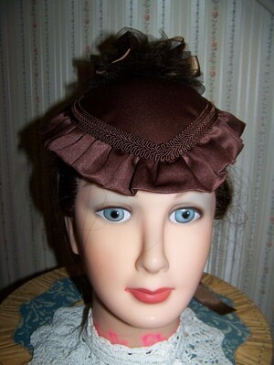 Ladies Civil War, Victorian Hat and Ridicule,Brown Satin Teardrop Hat with Satin Ruffle and Large Ribbon Rose