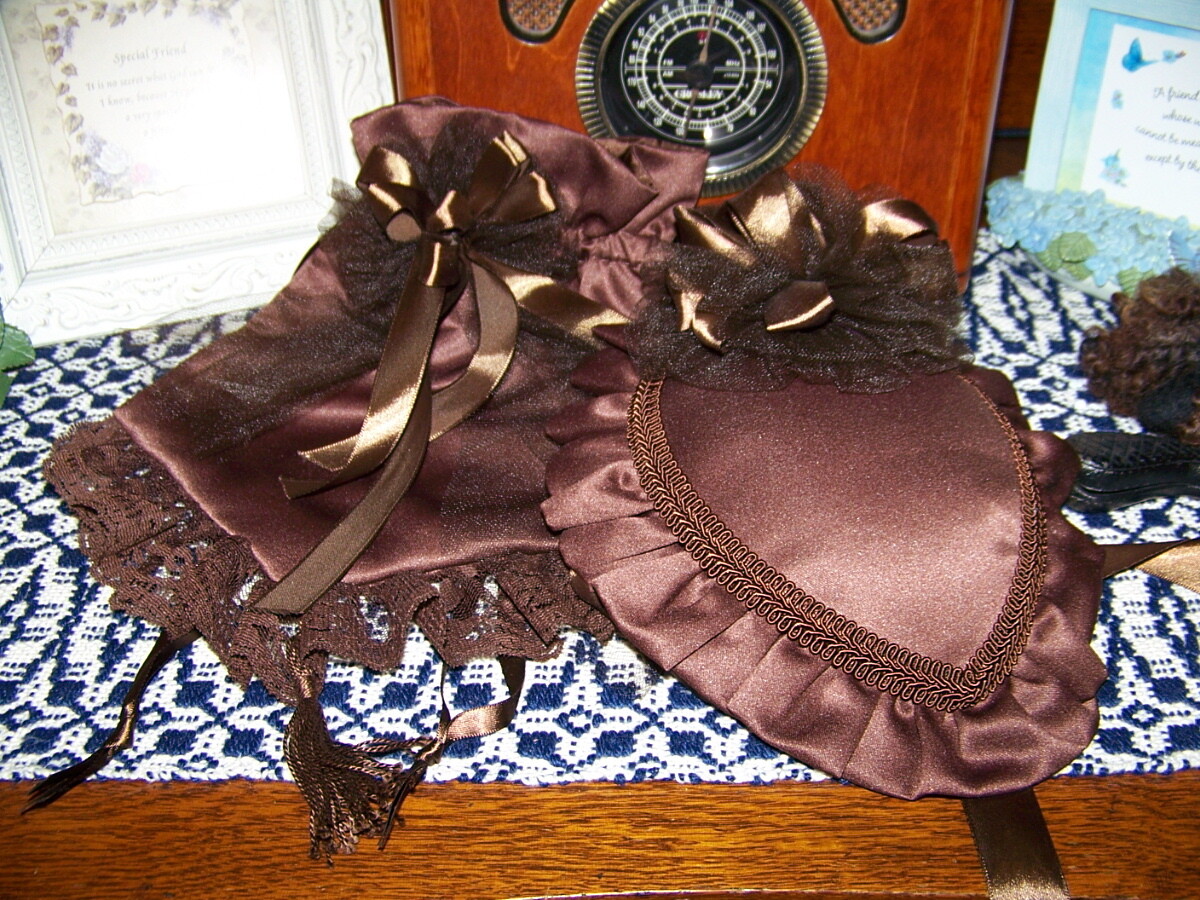 Ladies Civil War, Victorian Hat and Ridicule,Brown Satin Teardrop Hat with Satin Ruffle and Large Ribbon Rose