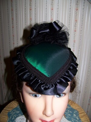 Ladies Civil War, Victorian Hat and Reticule,Hunter Green taffeta  Teardrop Hat with Black Satin Ruffle and Large Ribbon Rose