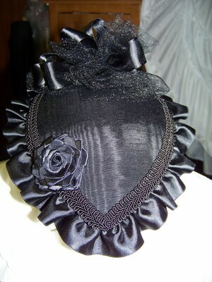 Ladies Civil War, Victorian Hat and Ridicule,Black Moire Satin Teardrop Hat with Satin Ruffle and Large Ribbon Rose