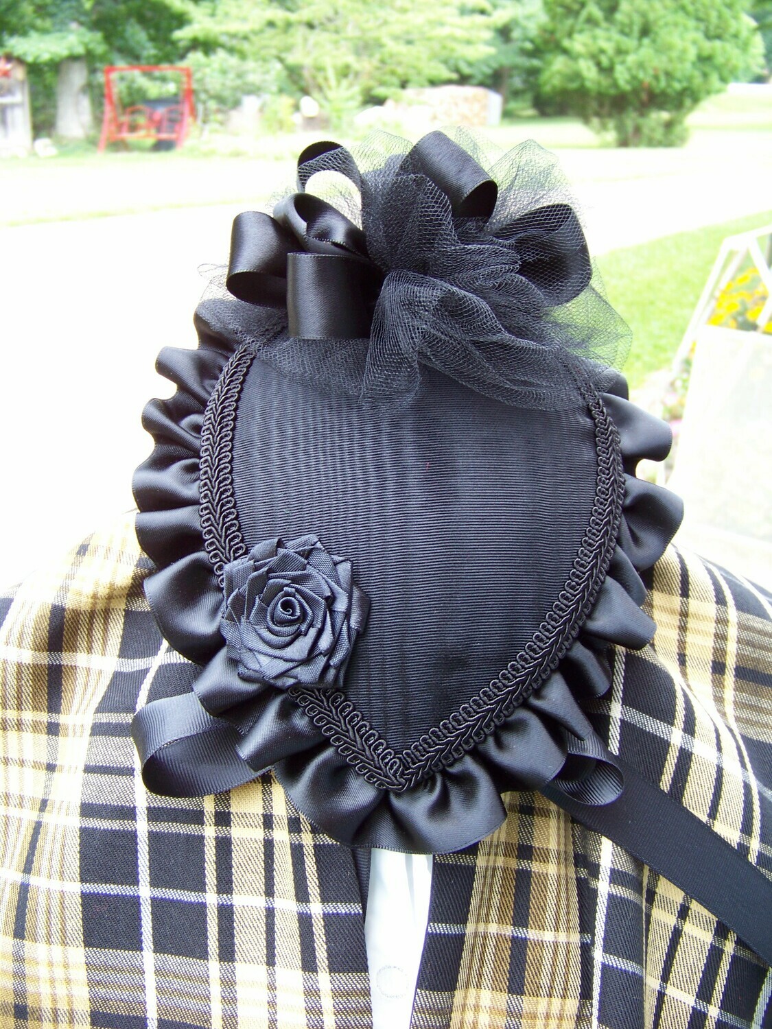 Ladies Civil War, Victorian Hat and Ridicule,Black Moire Satin Teardrop Hat with Satin Ruffle and Large Ribbon Rose