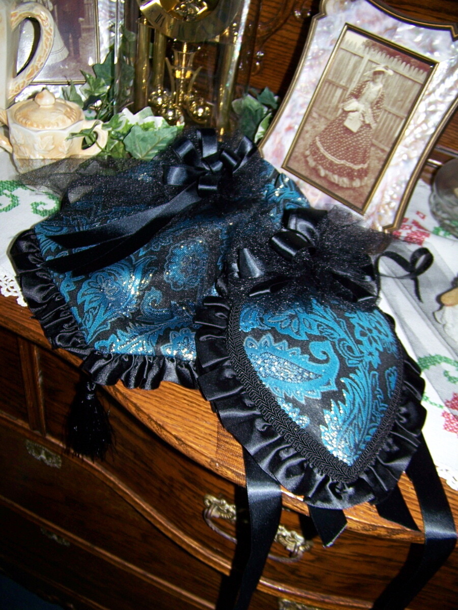 Ladies Civil War, Victorian Hat and Ridicule, Teal and Black Paisley Brocade rose print with Black Satin ruffles. Teardrop Hat with Black Satin Ruffles and Large Ribbon Rose