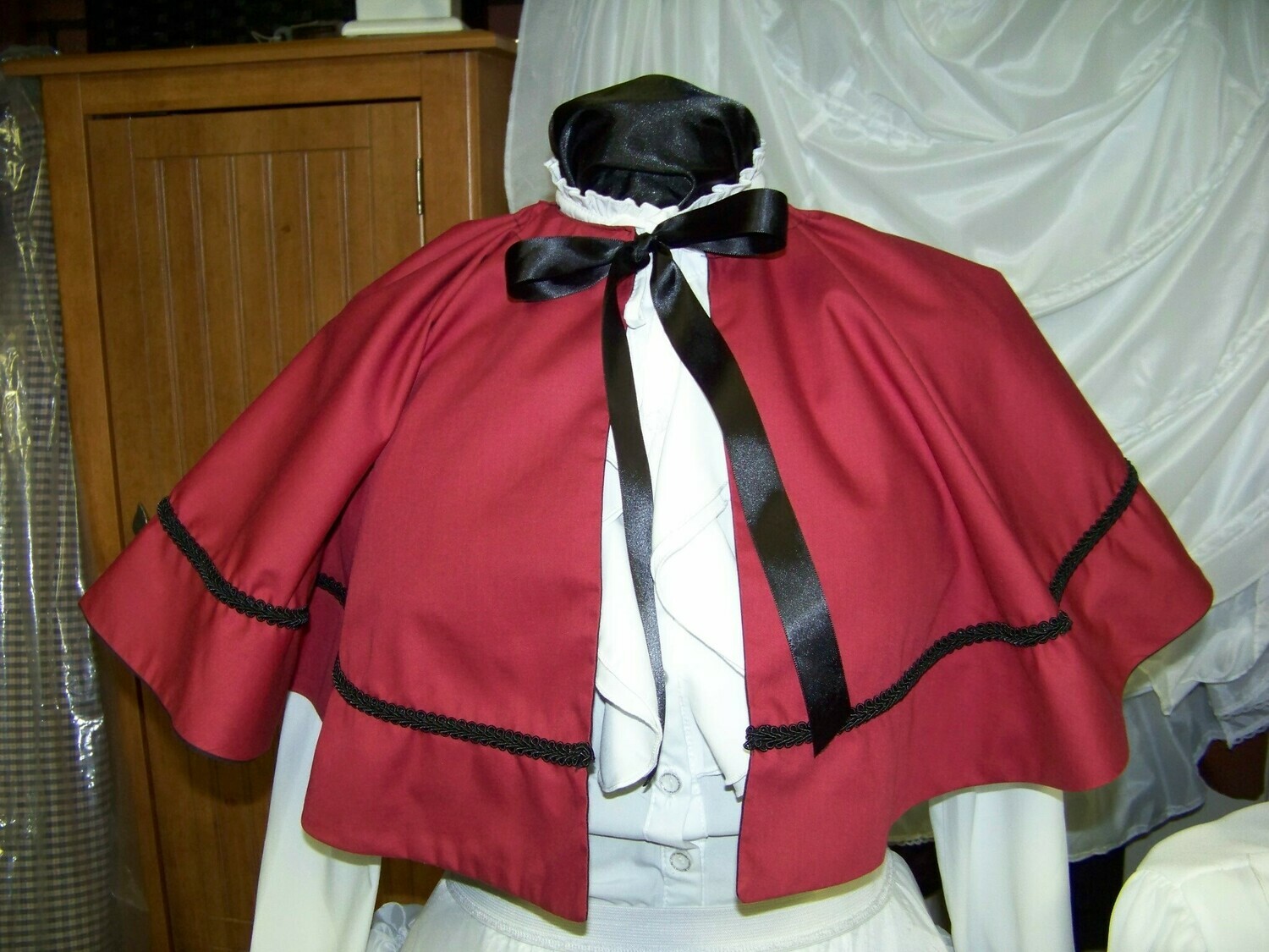 Custom order for Lynne Ladies Dickens Outfit costume Long drawstring SKIRT with cape and black sash one size fits most Solid Burgundy Broadcloth cotton  Handmade in the USA