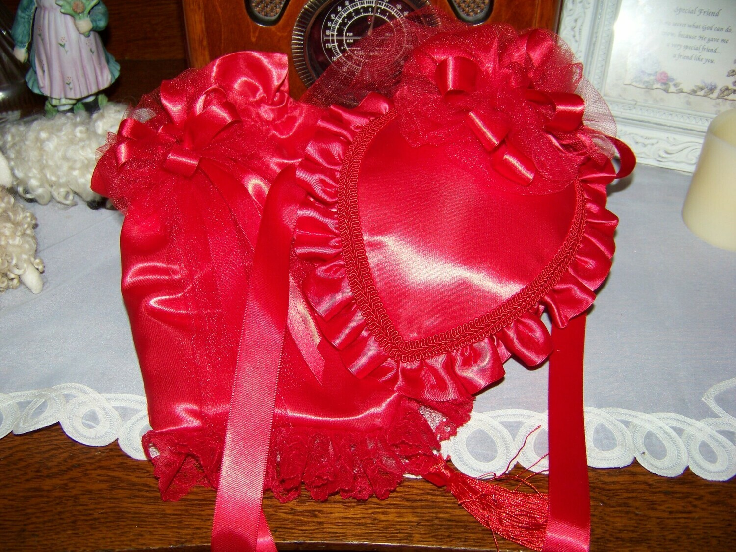 Ladies Civil War, Victorian Hat and Ridicule, Red Satin Teardrop Hat with Satin Ruffle and Large Ribbon Rose
