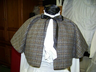 Dickens Colonial fair 3-piece outfit skirt, sash and plaid cape Gray, Black and tan Wool blend cape with black skirt and gray sash Handmade