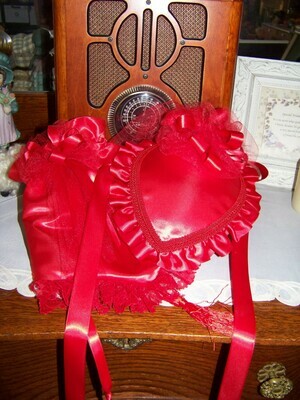 Ladies Civil War, Victorian Hat and Ridicule, Red Satin Teardrop Hat with Satin Ruffle and Large Ribbon Rose