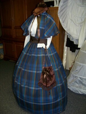 Dickens Christmas, Civil War, Victorian Long Skirt or Brown Sash or Cape one size fits most Blue, Brown,Gold, Teal, and white plaid cotton blend homespun, Scottish Tartan fabric, Handmade in the USA