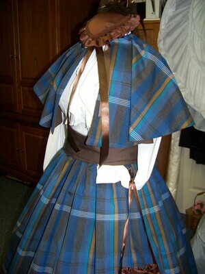 Dickens Christmas, Civil War, Victorian Long Skirt or Brown Sash or Cape one size fits most Blue, Brown,Gold, Teal, and white plaid cotton blend homespun, Scottish Tartan fabric, Handmade in the USA