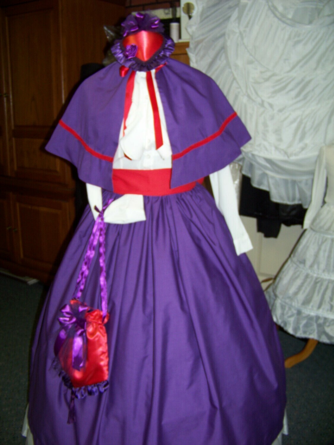 Ladies Dickens Outfit,Civil War costume for Red Hat ladies Long drawstring SKIRT with cape an Red sash one size fits most Solid Purple Broadcloth cotton  Handmade in the USA