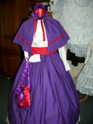 Ladies Dickens Outfit,Civil War costume for Red Hat ladies Long drawstring SKIRT with cape an Red sash one size fits most Solid Purple Broadcloth cotton  Handmade in the USA