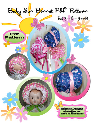 Baby Sun Bonnet pdf pattern and tutorial sizes 3, 6 and 9, months Instant e-file download