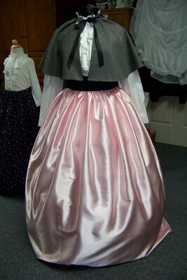 Victorian Civil War Black Herring bone wool blend cape with Black Satin lining, pink satin skirt and black sash one size fits all Handmade in the USA