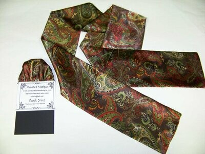 Ascot or Cravat Dickens Necktie Red, Brown, black and Green silkily fabric 4" x 54" Men's Historical Bow Tie or Wedding Tie or Pocket Puff to match.Civil War Reenactments Handmade in the USA