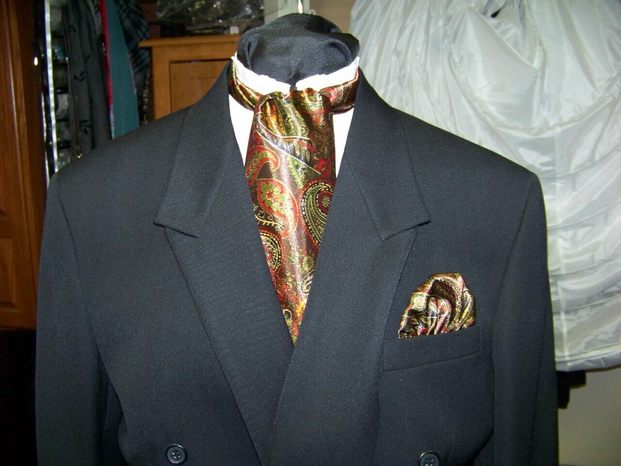 Ascot or Cravat Dickens Necktie Red, Brown, black and Green silkily fabric 4&quot; x 54&quot; Men&#39;s Historical Bow Tie or Wedding Tie or Pocket Puff to match.Civil War Reenactments Handmade in the USA