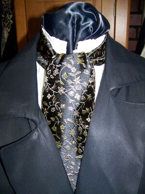 Ascot or Cravat Gold Metallic vine and Black Floral print fabric 4&quot; x 56&quot; Men&#39;s Historical Wedding, cravat tie and matching pocket puff.