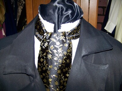 Ascot or Cravat Gold Metallic vine and Black Floral print fabric 4" x 56" Men's Historical Wedding, cravat tie and matching pocket puff.