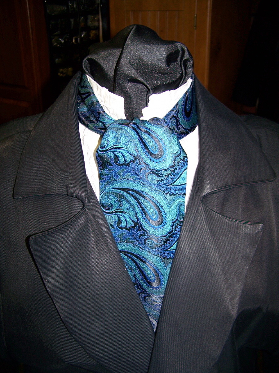 Men&#39;s Ascot or Cravat Necktie Peacock Paisley Brocade Teal, Black, Royal Blue print 4&quot; x 45&quot; Wedding, Civil War Reenacting Ascot with matching pocket square puff Men&#39;s Wedding Necktie. Handmade