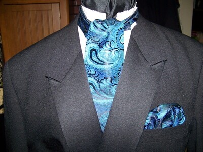 Men's Ascot or Cravat Necktie Peacock Paisley Brocade Teal, Black, Royal Blue print 4" x 45" Wedding, Civil War Reenacting Ascot with matching pocket square puff Men's Wedding Necktie. Handmade