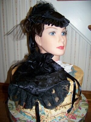 Ladies Civil War, Victorian Hat and Ridicule,Black Rose Print Brocade Satin Teardrop Hat with Satin Ruffle and Large Ribbon Rose Made in the USA
