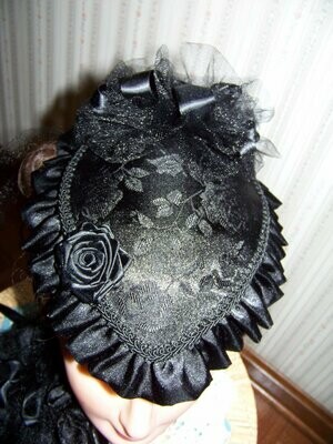 Ladies Civil War, Victorian Hat and Ridicule,Black Rose Print Brocade Satin Teardrop Hat with Satin Ruffle and Large Ribbon Rose Made in the USA