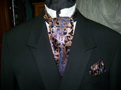 Men&#39;s Necktie Ascot and pocket square puff Navy Blue, Gold and Maroon Royal print Brocade fabric 4&quot; x 44&quot; Men&#39;s cravat tie or pocket puff