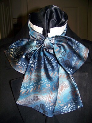 Ascot or Cravat Dickens Necktie Brown, black and blue silkily fabric 4&quot; x 57&quot; Men&#39;s Historical Bow Tie or Wedding Tie or Pocket Puff to match.Civil War Reenactments Handmade in the USA