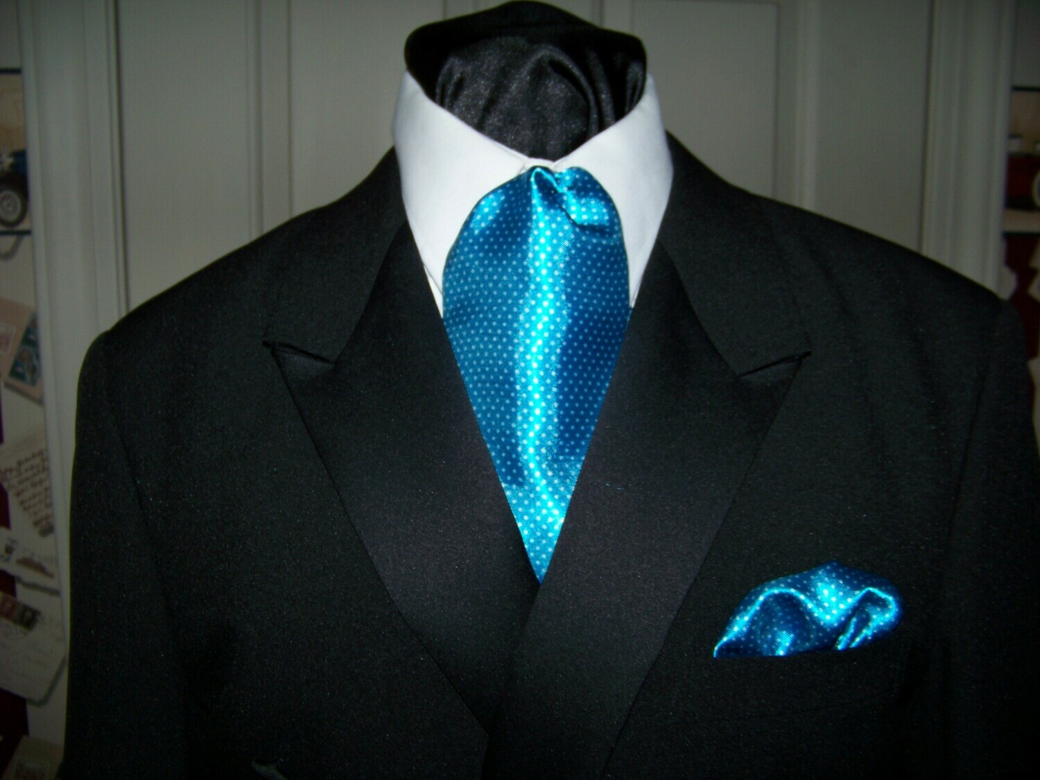 Ascot or Cravat Teal Aqua Blue Pin Dot satin Silky print fabric 4&quot; x 42&quot; Men&#39;s Historical Tie or Wedding, cravat tie or Pocket Square puff