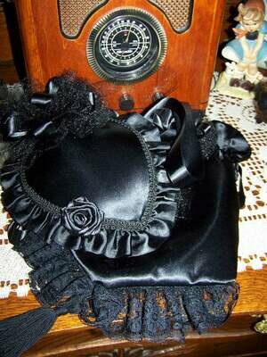 Ladies Civil War, Victorian Hat and Reticule,Black Satin Teardrop Hat with Satin Ruffle and Large Ribbon Rose