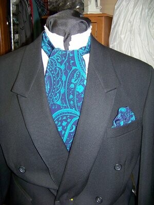 Ascot or Cravat 4&quot; x 57&quot; Men&#39;s Historical Tie and Pocket Square Teal Paisley with Black and Blue for Weddings, cravat tie Handmade in the USA